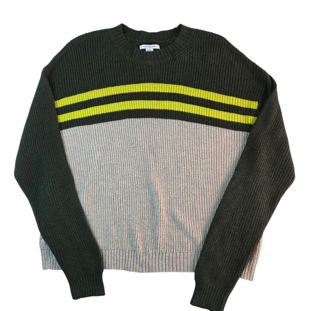 American Eagle Sweater Men's M Green Gray Yellow Stripe Crew Neck Knit Pullover